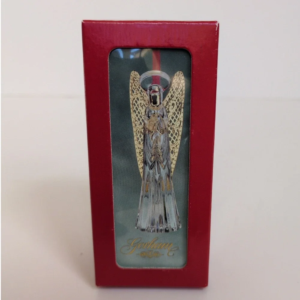 NIB Vtg Gorham Full Lead Crystal Angel Christmas Tree Ornament Gold‎ Metal Wings